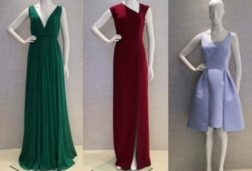 Antické zelené šaty za 265 €, červené šaty s asymetrickým výstrihom za 189 € a jemné krátke šaty za 189 €.