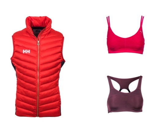 vesta Helly Hansen – pôvodná cena 212 € Outletová cena 91 €; podprsenka Puma ružová – pôvodná cena 43 €, Outletová cena 14 €; podprsenka Nike vínová – pôvodná cena 48 €, Outletová cena 32 €