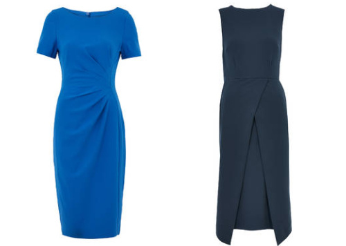 modré puzdrové šaty za 60 € a tmavo sivo-modré s cípmi za 116 €