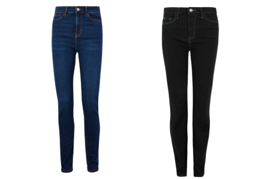 modré denim džínsy s vysokým pásom za 60 € a tmavé zoštíhľujúce za 52 €